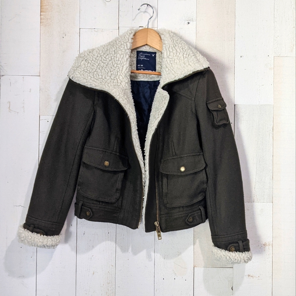 American Eagle Army Green Wool Bomber Coat - Picture 4 of 16